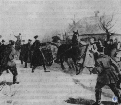 Столкновение бастующих крестьян Батятичей с полицией в январе 1929 г. Рисунок художника Ю. Щербатенко.